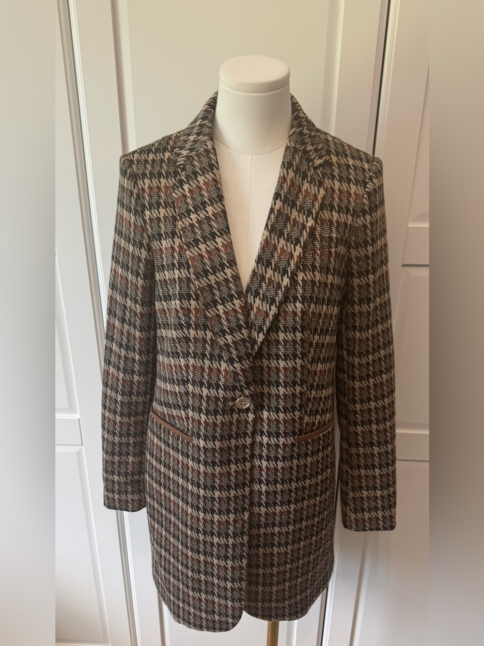 Tommy Hilfiger Plaid Houndstooth Blazer w Faux Leather Pocket Trim Size:6 NWOT - Picture 5 of 16